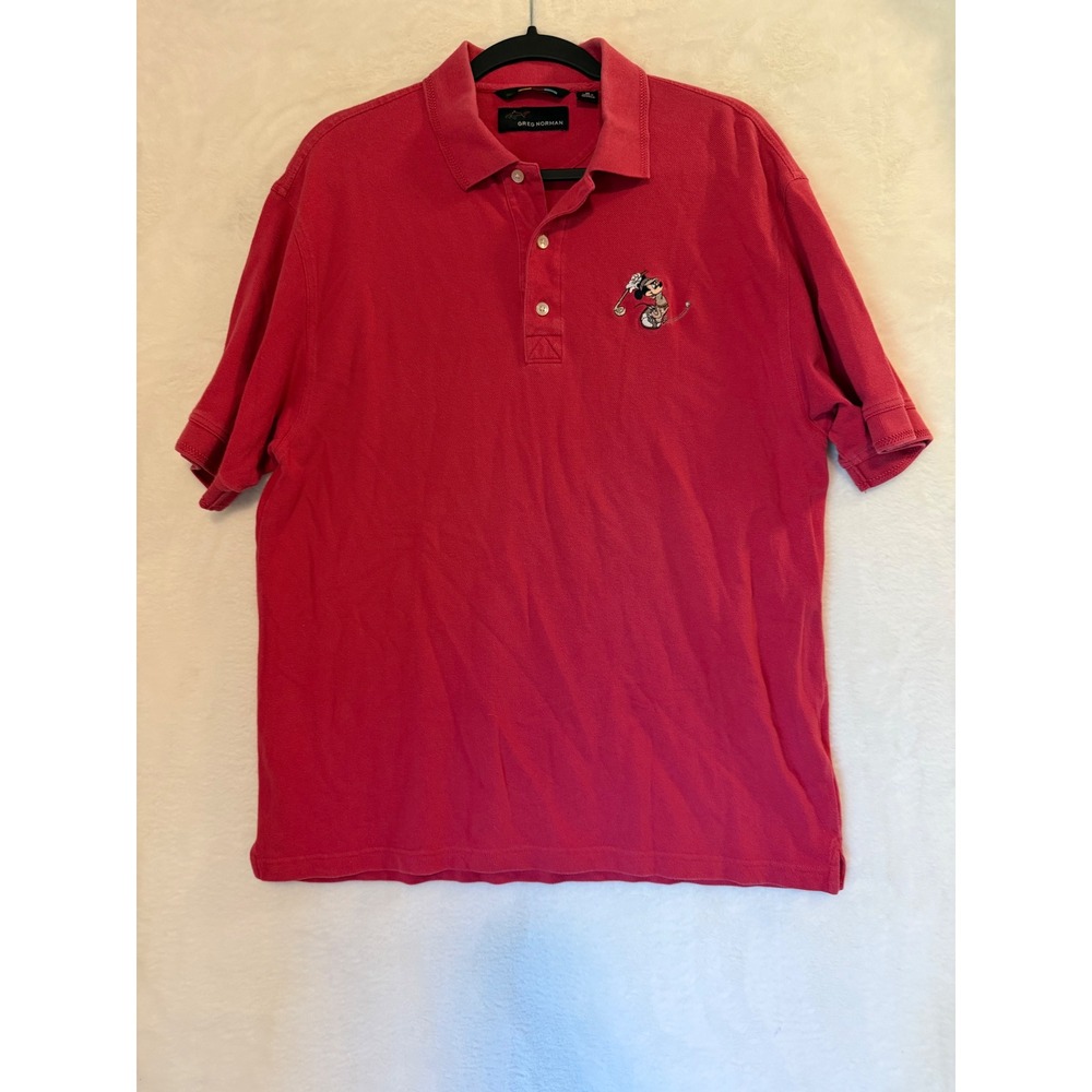 Greg Norman Disney Mickey Mouse Golf Polo Shirt Mens Medium Red Cotton Pique